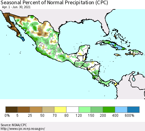 Mexico Central America and the Caribbean Seasonal Percent of Normal Precipitation (CPC) Thematic Map For 4/1/2021 - 6/30/2021