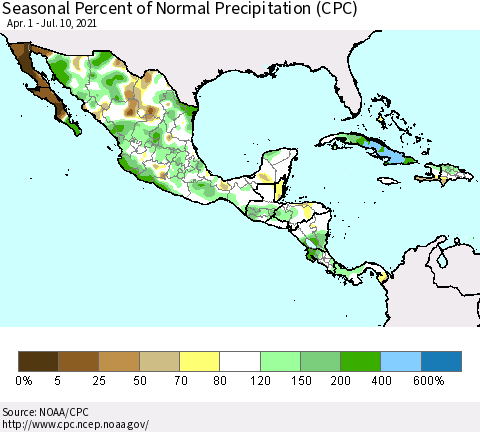 Mexico Central America and the Caribbean Seasonal Percent of Normal Precipitation (CPC) Thematic Map For 4/1/2021 - 7/10/2021