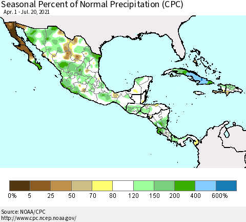 Mexico Central America and the Caribbean Seasonal Percent of Normal Precipitation (CPC) Thematic Map For 4/1/2021 - 7/20/2021
