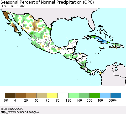 Mexico Central America and the Caribbean Seasonal Percent of Normal Precipitation (CPC) Thematic Map For 4/1/2021 - 7/31/2021