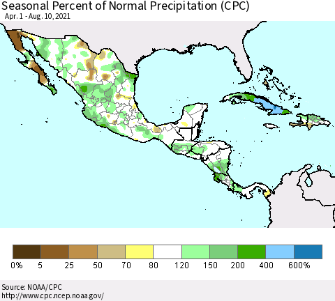 Mexico Central America and the Caribbean Seasonal Percent of Normal Precipitation (CPC) Thematic Map For 4/1/2021 - 8/10/2021