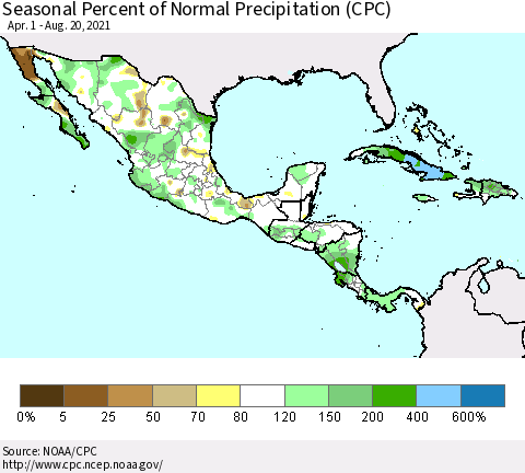 Mexico Central America and the Caribbean Seasonal Percent of Normal Precipitation (CPC) Thematic Map For 4/1/2021 - 8/20/2021