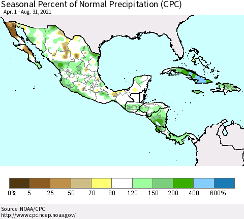 Mexico Central America and the Caribbean Seasonal Percent of Normal Precipitation (CPC) Thematic Map For 4/1/2021 - 8/31/2021