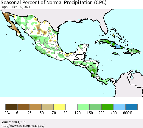 Mexico Central America and the Caribbean Seasonal Percent of Normal Precipitation (CPC) Thematic Map For 4/1/2021 - 9/10/2021