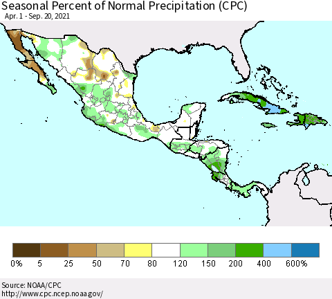 Mexico Central America and the Caribbean Seasonal Percent of Normal Precipitation (CPC) Thematic Map For 4/1/2021 - 9/20/2021