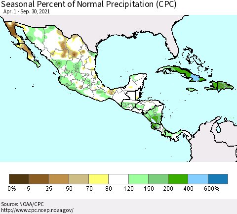 Mexico Central America and the Caribbean Seasonal Percent of Normal Precipitation (CPC) Thematic Map For 4/1/2021 - 9/30/2021