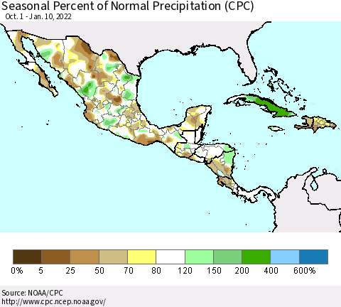 Mexico Central America and the Caribbean Seasonal Percent of Normal Precipitation (CPC) Thematic Map For 10/1/2021 - 1/10/2022