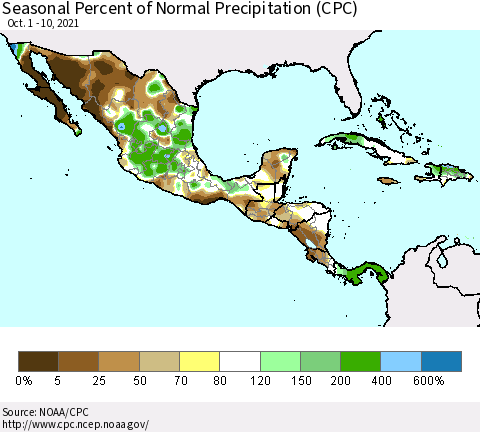 Mexico Central America and the Caribbean Seasonal Percent of Normal Precipitation (CPC) Thematic Map For 10/1/2021 - 10/10/2021