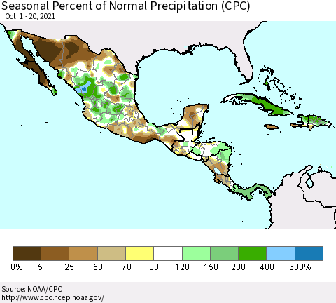 Mexico Central America and the Caribbean Seasonal Percent of Normal Precipitation (CPC) Thematic Map For 10/1/2021 - 10/20/2021