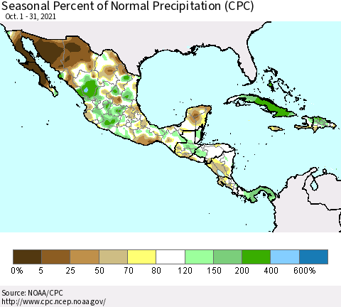 Mexico Central America and the Caribbean Seasonal Percent of Normal Precipitation (CPC) Thematic Map For 10/1/2021 - 10/31/2021
