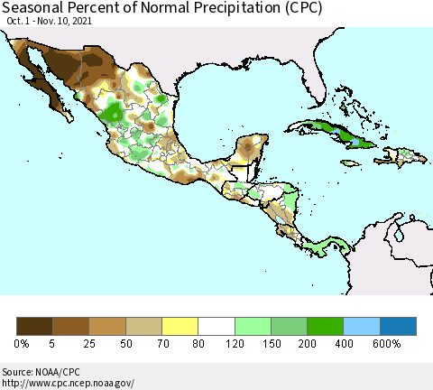 Mexico Central America and the Caribbean Seasonal Percent of Normal Precipitation (CPC) Thematic Map For 10/1/2021 - 11/10/2021