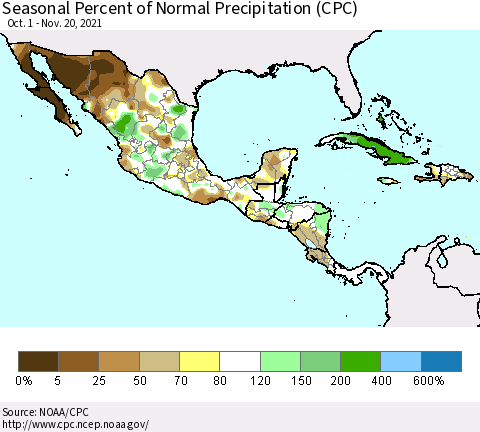 Mexico Central America and the Caribbean Seasonal Percent of Normal Precipitation (CPC) Thematic Map For 10/1/2021 - 11/20/2021