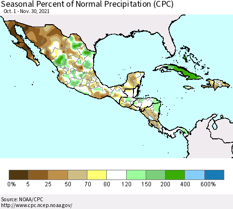 Mexico Central America and the Caribbean Seasonal Percent of Normal Precipitation (CPC) Thematic Map For 10/1/2021 - 11/30/2021