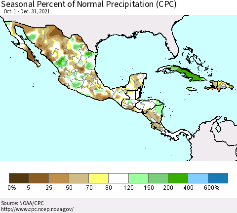 Mexico Central America and the Caribbean Seasonal Percent of Normal Precipitation (CPC) Thematic Map For 10/1/2021 - 12/31/2021