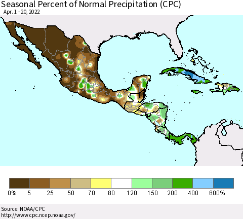 Mexico Central America and the Caribbean Seasonal Percent of Normal Precipitation (CPC) Thematic Map For 4/1/2022 - 4/20/2022