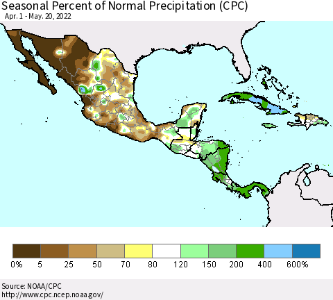 Mexico Central America and the Caribbean Seasonal Percent of Normal Precipitation (CPC) Thematic Map For 4/1/2022 - 5/20/2022