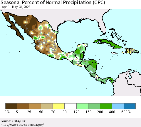 Mexico Central America and the Caribbean Seasonal Percent of Normal Precipitation (CPC) Thematic Map For 4/1/2022 - 5/31/2022