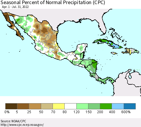 Mexico Central America and the Caribbean Seasonal Percent of Normal Precipitation (CPC) Thematic Map For 4/1/2022 - 7/31/2022
