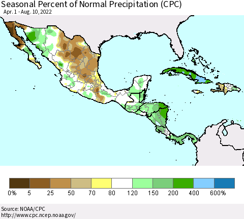 Mexico Central America and the Caribbean Seasonal Percent of Normal Precipitation (CPC) Thematic Map For 4/1/2022 - 8/10/2022