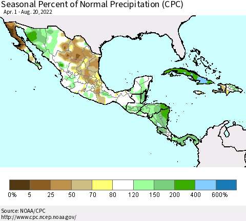 Mexico Central America and the Caribbean Seasonal Percent of Normal Precipitation (CPC) Thematic Map For 4/1/2022 - 8/20/2022