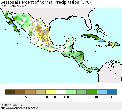 Mexico Central America and the Caribbean Seasonal Percent of Normal Precipitation (CPC) Thematic Map For 4/1/2022 - 9/20/2022