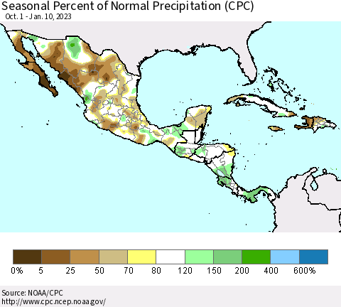Mexico Central America and the Caribbean Seasonal Percent of Normal Precipitation (CPC) Thematic Map For 10/1/2022 - 1/10/2023