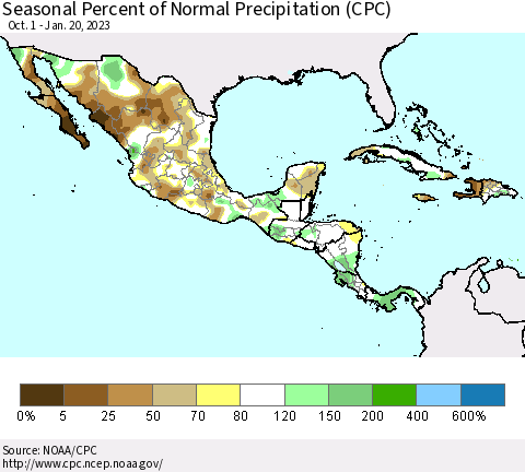 Mexico Central America and the Caribbean Seasonal Percent of Normal Precipitation (CPC) Thematic Map For 10/1/2022 - 1/20/2023