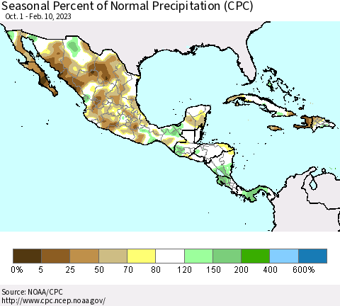 Mexico Central America and the Caribbean Seasonal Percent of Normal Precipitation (CPC) Thematic Map For 10/1/2022 - 2/10/2023