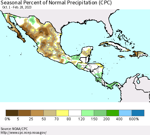 Mexico Central America and the Caribbean Seasonal Percent of Normal Precipitation (CPC) Thematic Map For 10/1/2022 - 2/28/2023