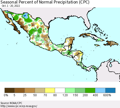 Mexico Central America and the Caribbean Seasonal Percent of Normal Precipitation (CPC) Thematic Map For 10/1/2022 - 10/20/2022
