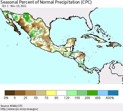 Mexico Central America and the Caribbean Seasonal Percent of Normal Precipitation (CPC) Thematic Map For 10/1/2022 - 11/10/2022