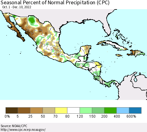 Mexico Central America and the Caribbean Seasonal Percent of Normal Precipitation (CPC) Thematic Map For 10/1/2022 - 12/10/2022