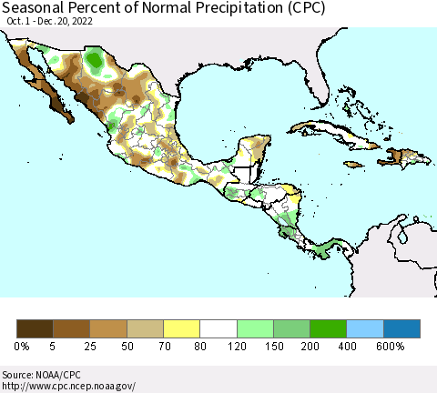 Mexico Central America and the Caribbean Seasonal Percent of Normal Precipitation (CPC) Thematic Map For 10/1/2022 - 12/20/2022