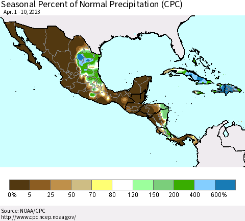 Mexico Central America and the Caribbean Seasonal Percent of Normal Precipitation (CPC) Thematic Map For 4/1/2023 - 4/10/2023