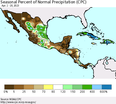 Mexico Central America and the Caribbean Seasonal Percent of Normal Precipitation (CPC) Thematic Map For 4/1/2023 - 4/20/2023