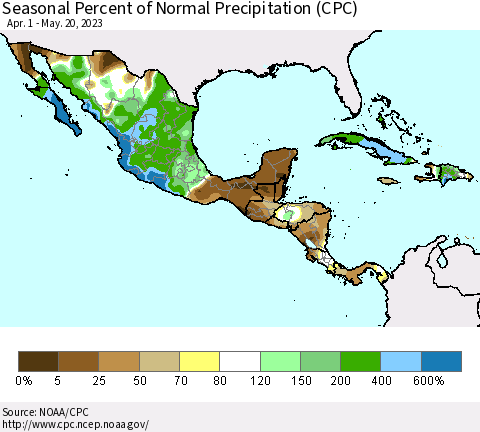 Mexico Central America and the Caribbean Seasonal Percent of Normal Precipitation (CPC) Thematic Map For 4/1/2023 - 5/20/2023
