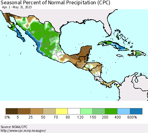 Mexico Central America and the Caribbean Seasonal Percent of Normal Precipitation (CPC) Thematic Map For 4/1/2023 - 5/31/2023