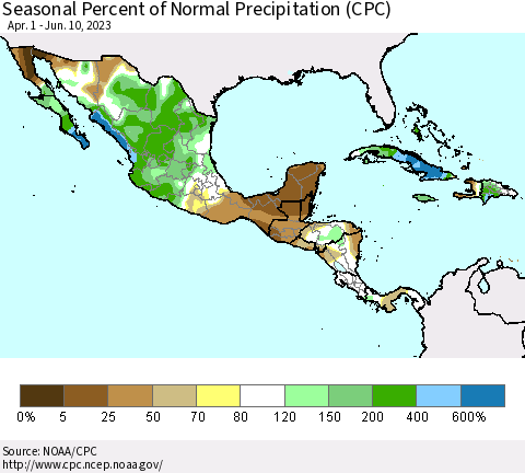 Mexico Central America and the Caribbean Seasonal Percent of Normal Precipitation (CPC) Thematic Map For 4/1/2023 - 6/10/2023