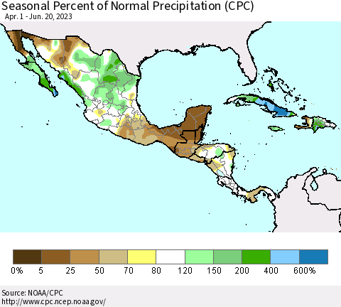 Mexico Central America and the Caribbean Seasonal Percent of Normal Precipitation (CPC) Thematic Map For 4/1/2023 - 6/20/2023
