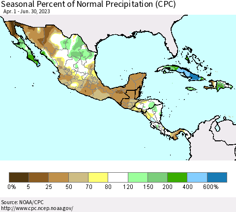 Mexico Central America and the Caribbean Seasonal Percent of Normal Precipitation (CPC) Thematic Map For 4/1/2023 - 6/30/2023