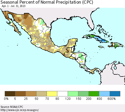 Mexico Central America and the Caribbean Seasonal Percent of Normal Precipitation (CPC) Thematic Map For 4/1/2023 - 7/31/2023