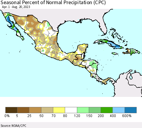 Mexico Central America and the Caribbean Seasonal Percent of Normal Precipitation (CPC) Thematic Map For 4/1/2023 - 8/20/2023