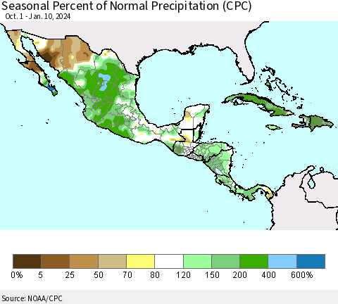 Mexico Central America and the Caribbean Seasonal Percent of Normal Precipitation (CPC) Thematic Map For 10/1/2023 - 1/10/2024