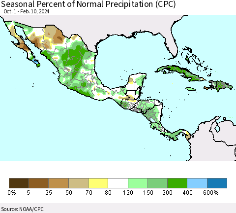 Mexico Central America and the Caribbean Seasonal Percent of Normal Precipitation (CPC) Thematic Map For 10/1/2023 - 2/10/2024