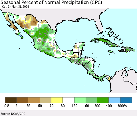 Mexico Central America and the Caribbean Seasonal Percent of Normal Precipitation (CPC) Thematic Map For 10/1/2023 - 3/31/2024