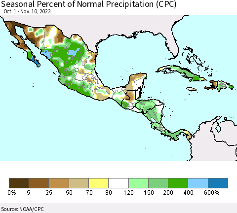 Mexico Central America and the Caribbean Seasonal Percent of Normal Precipitation (CPC) Thematic Map For 10/1/2023 - 11/10/2023