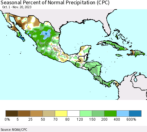 Mexico Central America and the Caribbean Seasonal Percent of Normal Precipitation (CPC) Thematic Map For 10/1/2023 - 11/20/2023