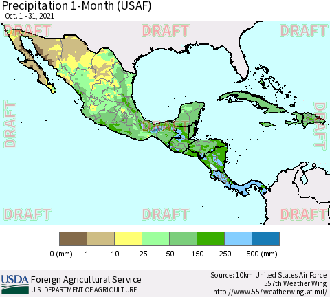 Mexico Central America and the Caribbean Precipitation 1-Month (USAF) Thematic Map For 10/1/2021 - 10/31/2021
