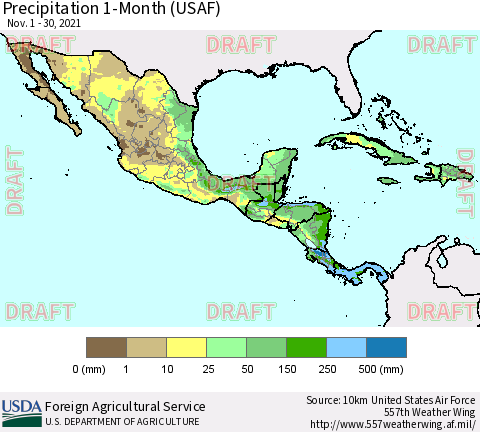 Mexico Central America and the Caribbean Precipitation 1-Month (USAF) Thematic Map For 11/1/2021 - 11/30/2021