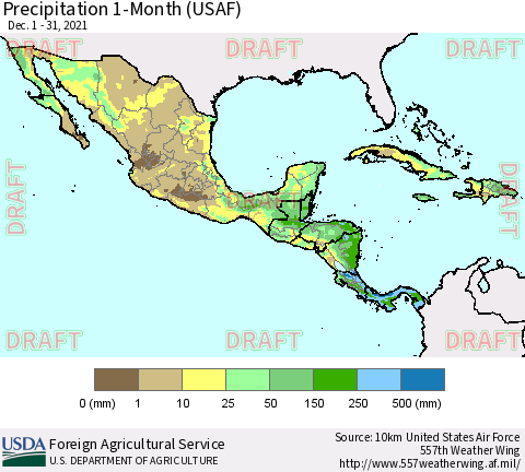 Mexico Central America and the Caribbean Precipitation 1-Month (USAF) Thematic Map For 12/1/2021 - 12/31/2021